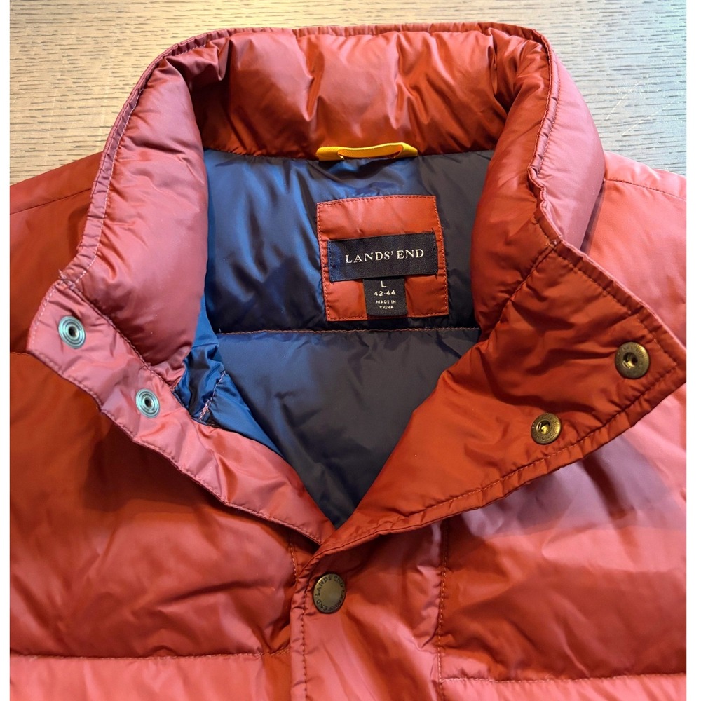 Lands End Mens Down Puffer Vest Rust Orange Navy Blue Quilted Snap Front Large - Picture 2 of 8